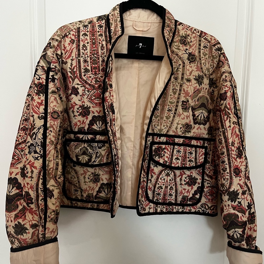 7 For All Mankind Beige Floral Quilted Bomber Jacket with Black Trim
